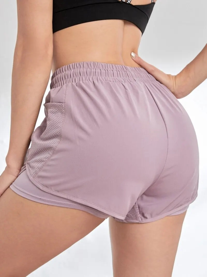 Womens Elastic Sports Shorts with Pockets Fake Two Piece Yoga Running Training Shorts